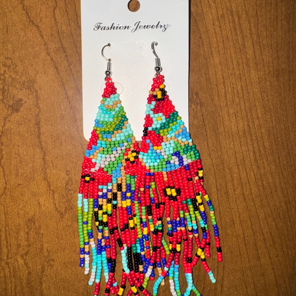 Colorful Red Beaded Fringe Earrings - Fashion Jewelry